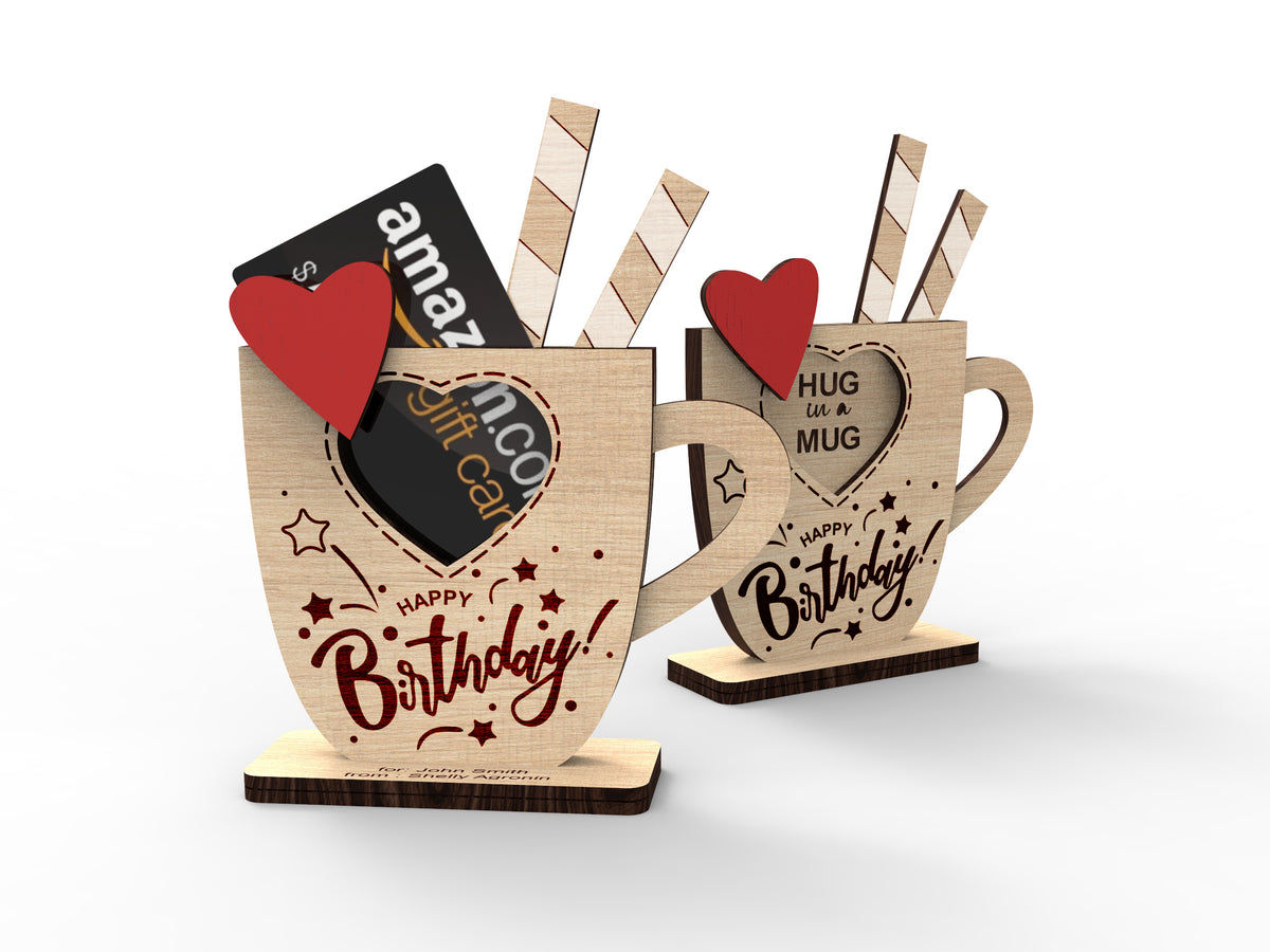 Laser cut birthday hug in a mug gift card holder